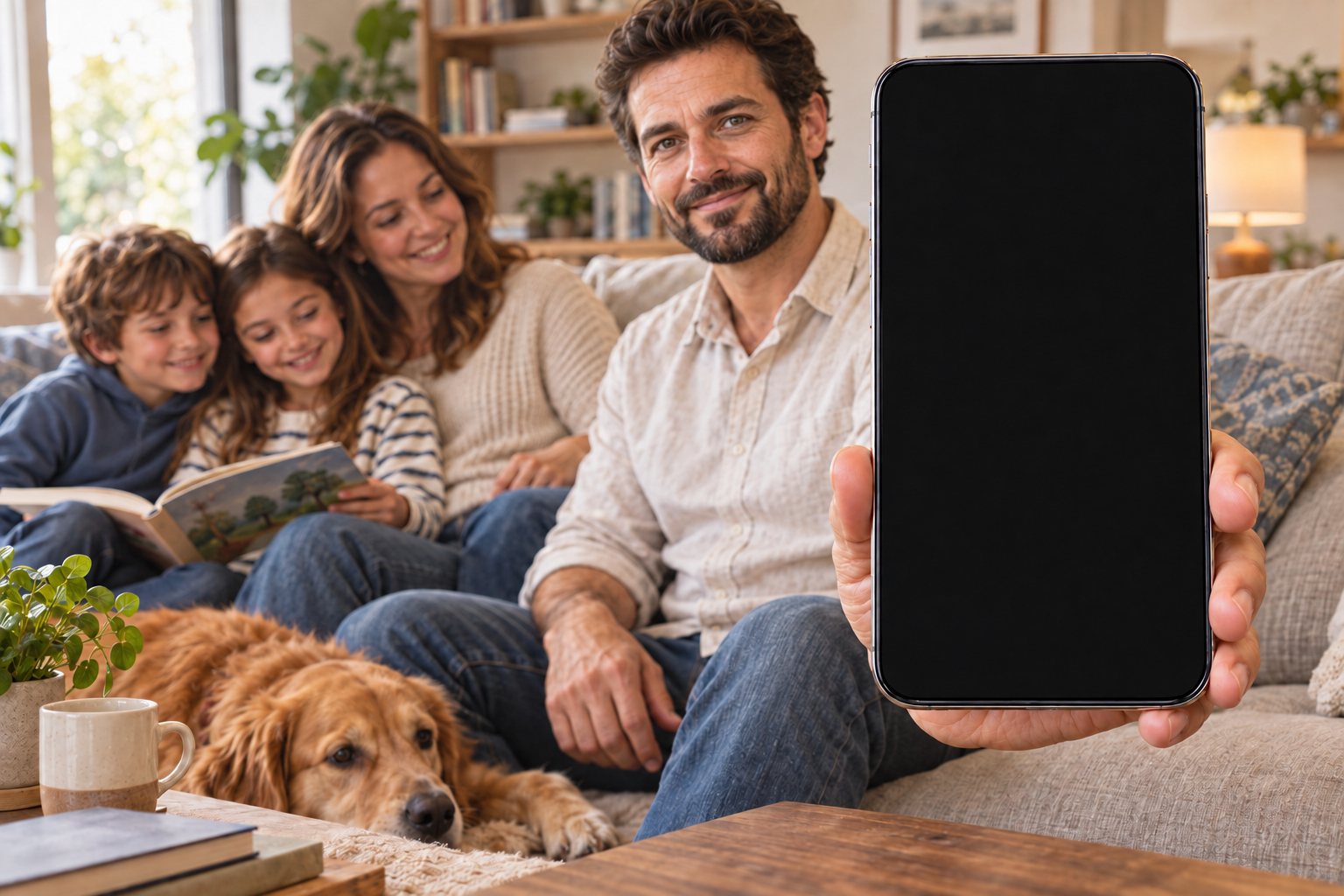 O dono da loja em casa com a família, tranquilo, mostrando o celular com os avisos do FiscalVision